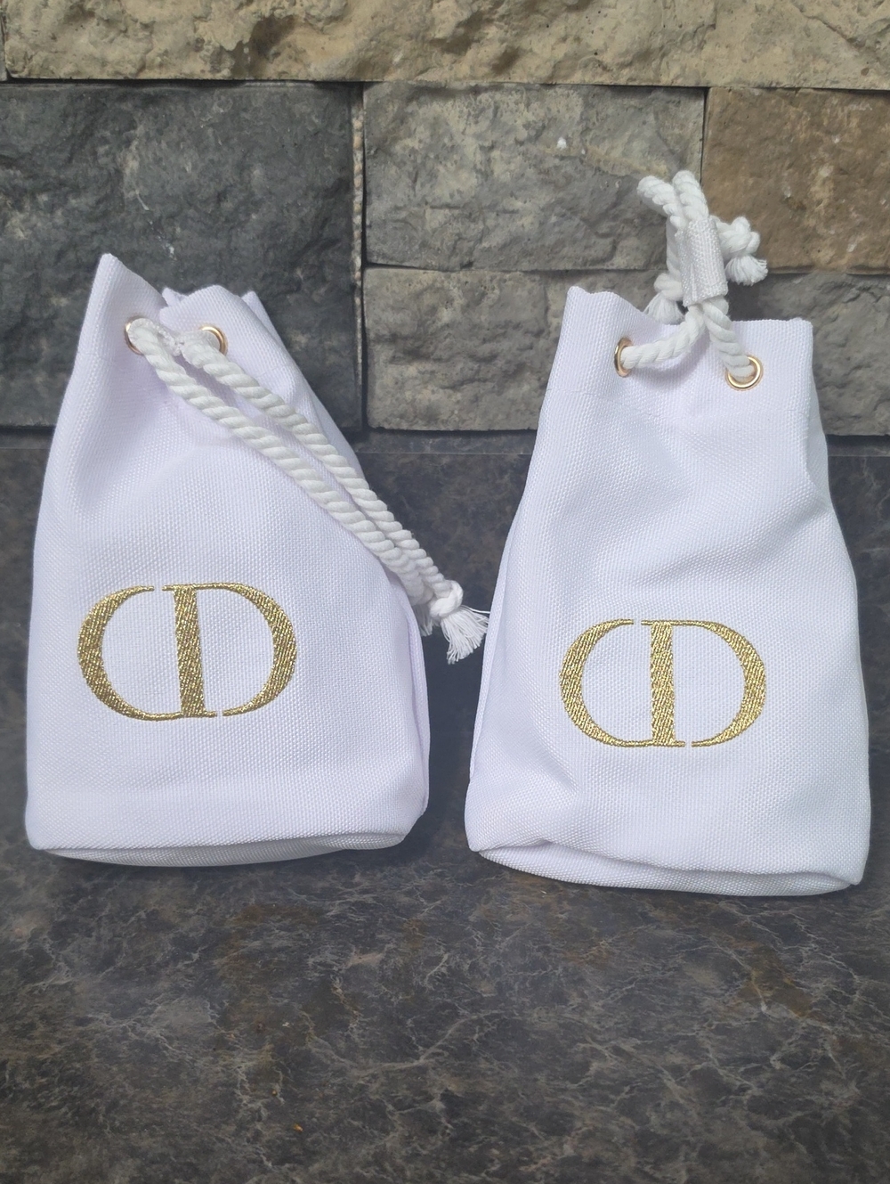 CHRISTIAN DIOR White Twill Drawstring Pouch Cosmetics Makeup Bag Lot Of 2
